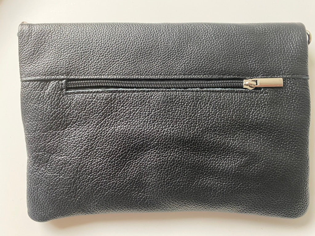 Black leather fold outlet over clutch bag