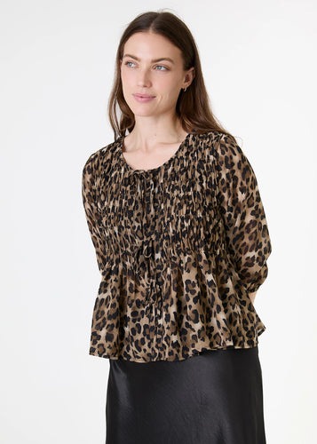 Dreams Leopard Print Chiffon Tie Front Shirring Blouse
