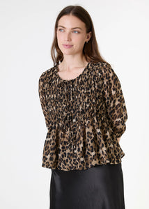 Dreams Leopard Print Chiffon Tie Front Shirring Blouse