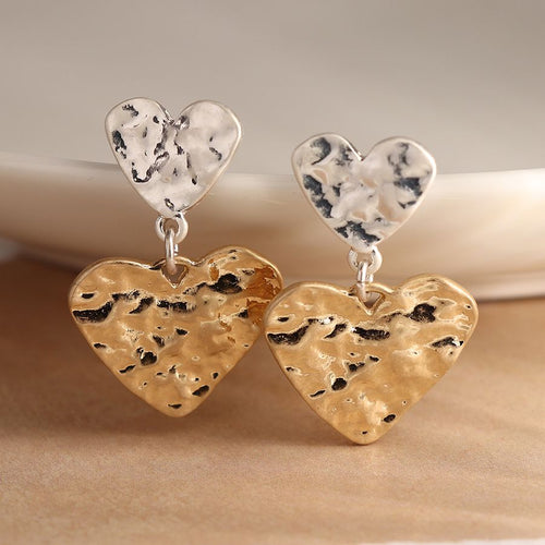 Double Beaten Heart Earrings in Gold & Silver