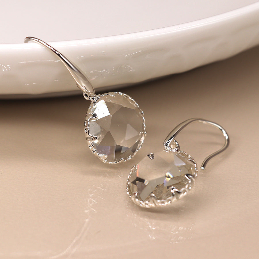 Silver Plated Large Round Faceted Crystal Earrings