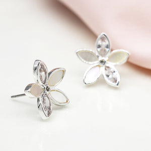 Silver Plated, Shell & Crystal Flower Earrings