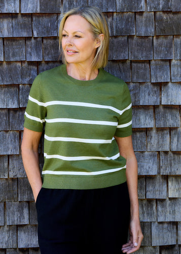 Dreams Striped Crew Neck Short Sleeve Jumper - Leaf