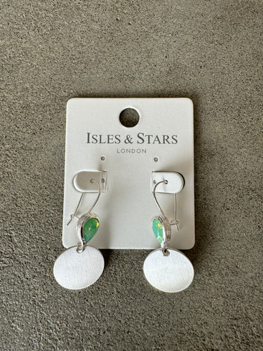 Silver Disc Earrings with Green Glass Bead