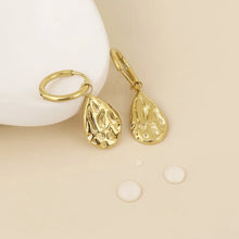 Load image into Gallery viewer, POM Relic Stainless Steel Gold Plated Textured Teardrop Hoop Earrings