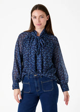 Load image into Gallery viewer, DREAMS Fan Print Tie Neck Blouse - Navy