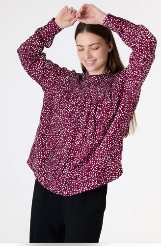 Dreams Ditsy Spot High Neck Shirred Blouse - Berry