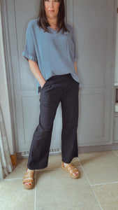 Navy Wide Leg Stretch Trousers