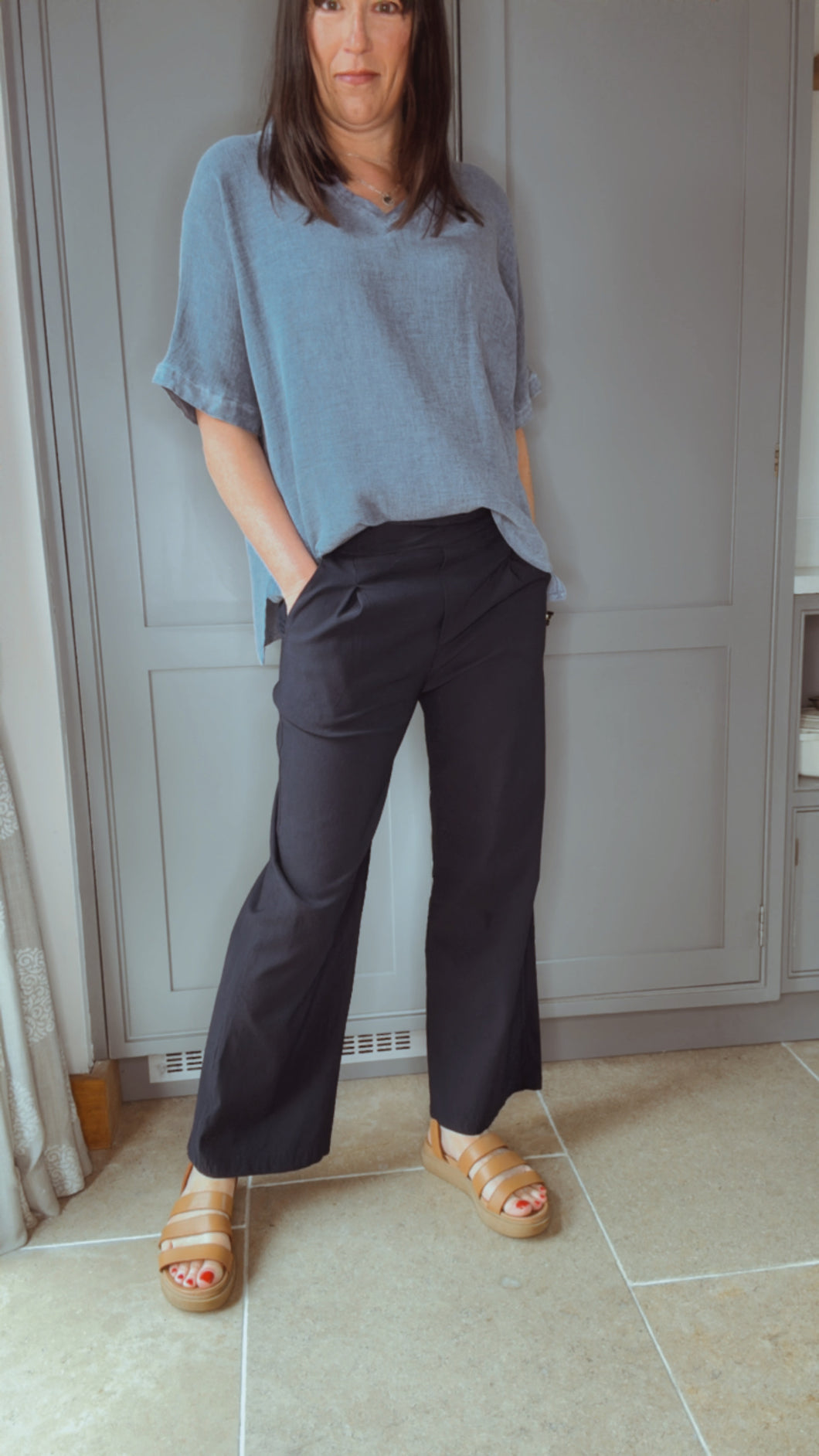 Navy Wide Leg Stretch Trousers