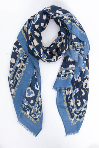 Lara  Leopard Print Viscose Scarf - Navy