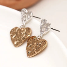 Load image into Gallery viewer, POM Silver Plated &amp; Faux Gold Worn Finish Double Heart Drop Earrings