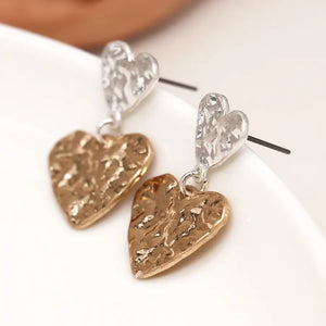 POM Silver Plated & Faux Gold Worn Finish Double Heart Drop Earrings