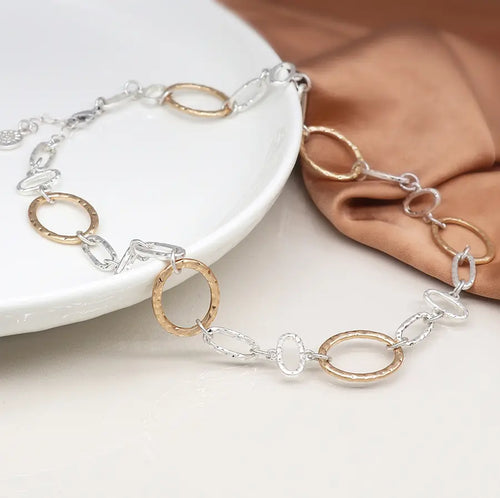 POM Silver Plated and Faux Gold Hammered Linked Hoops Necklace
