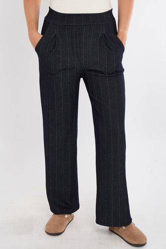 Herringbone Stripe Wide Leg Magic Trousers - Black