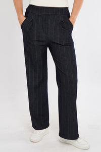 Herringbone Stripe Wide Leg Magic Stretch Trousers - Navy