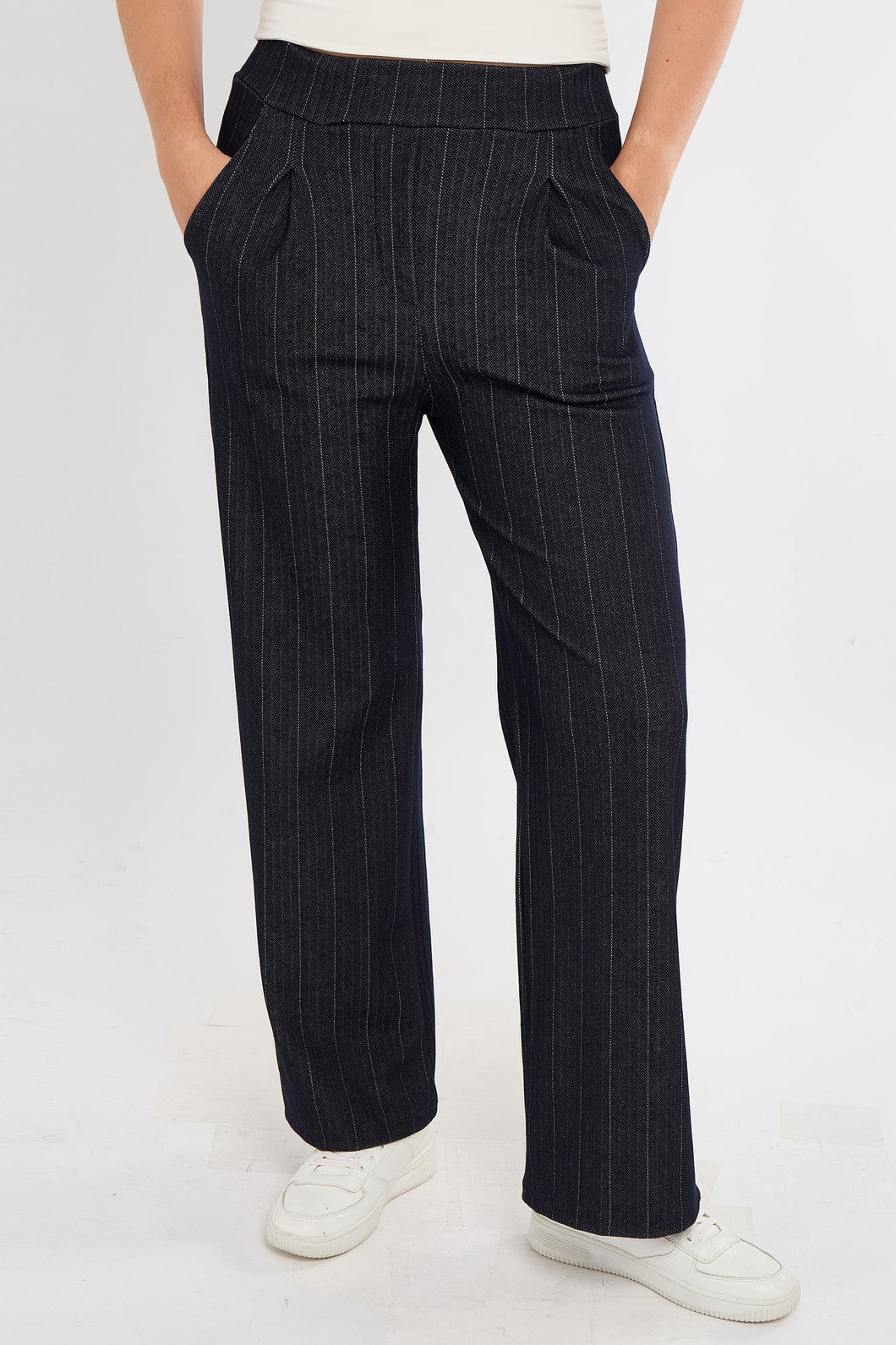 Herringbone Stripe Wide Leg Magic Stretch Trousers - Navy
