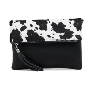 Leather Fold Over Black and White Cow Print Clutch Bag