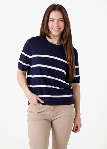 Dreams Striped Crew Neck Short Sleeve Jumper - Navy