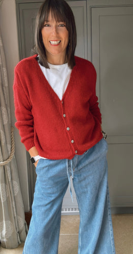 Mohair Blend Button Through Cardigan - Red