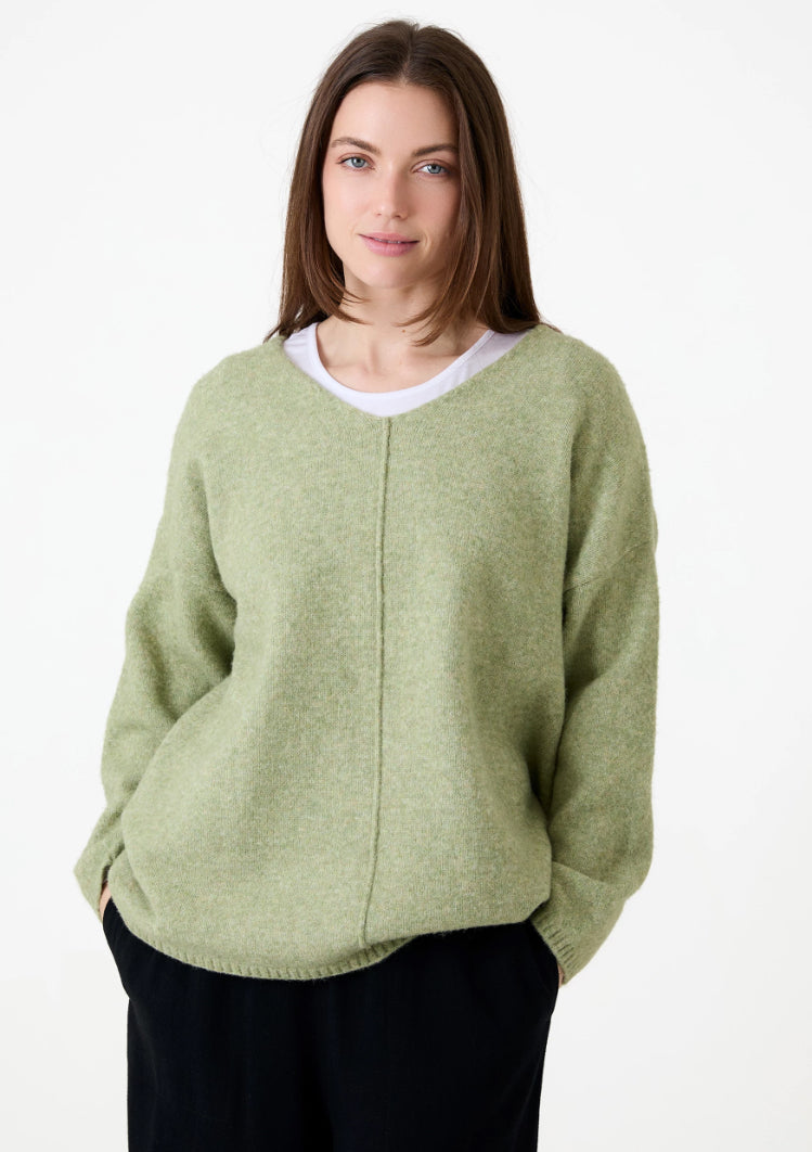 Dreams Soft Tweed V-Neck Seam Detail Jumper - Pistachio
