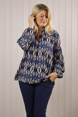 Goose Island Abstract Collared Blouse - Navy
