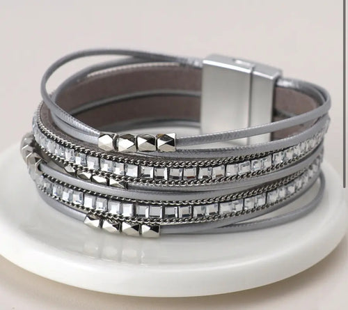 POM Grey Leather and Glass Multi Strand Bracelet