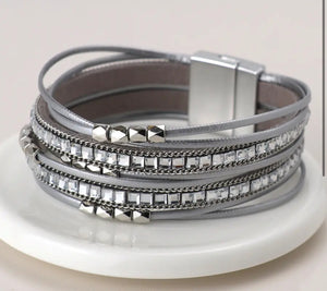 POM Grey Leather and Glass Multi Strand Bracelet