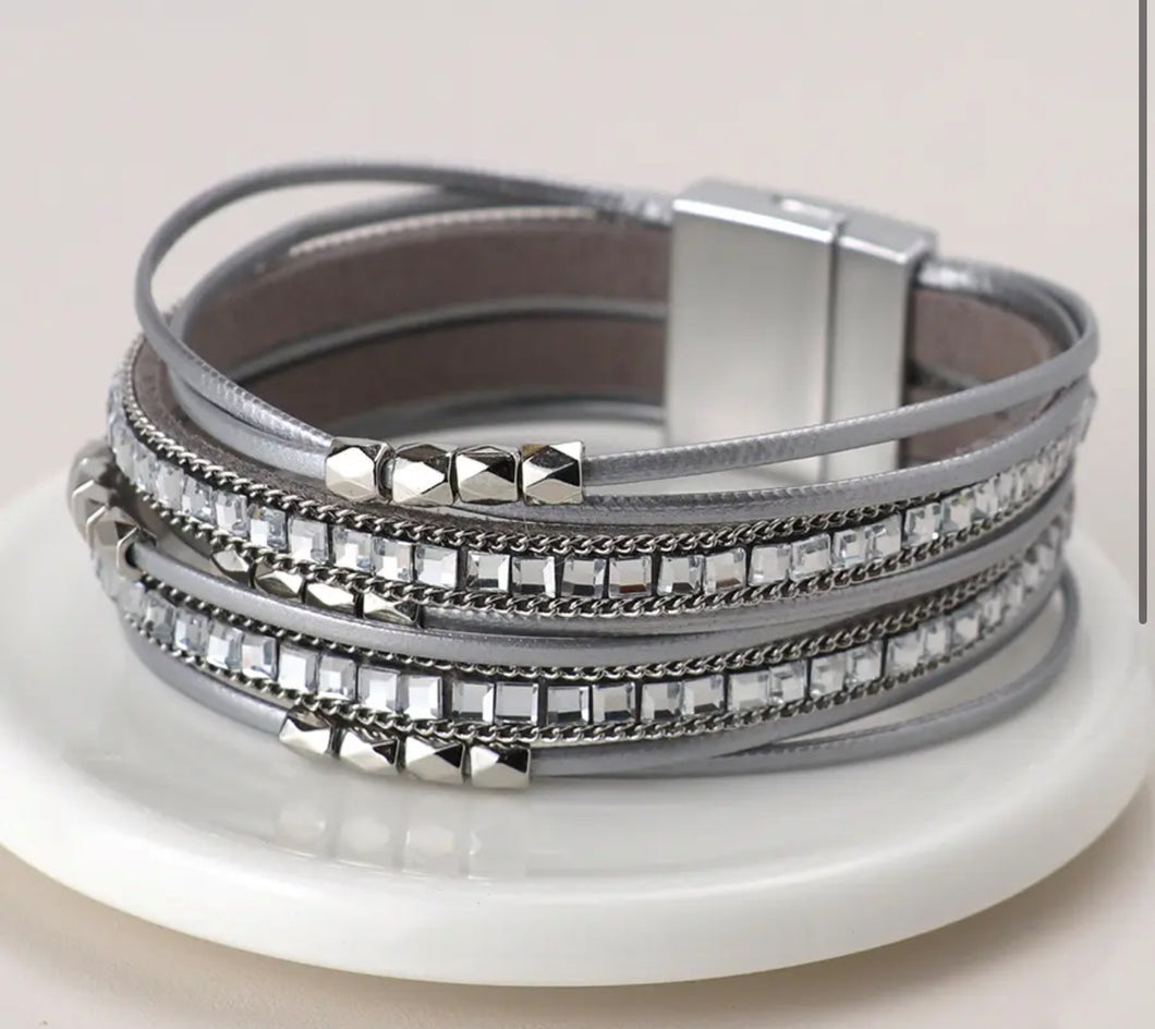 POM Grey Leather and Glass Multi Strand Bracelet