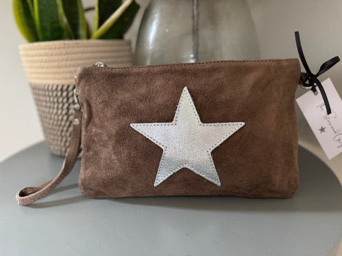 Chocolate Suede Star Clutch Bag