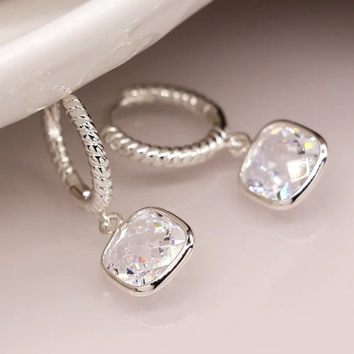 POM Silver Plated Twist Hoop and Crystal Drop Earrings