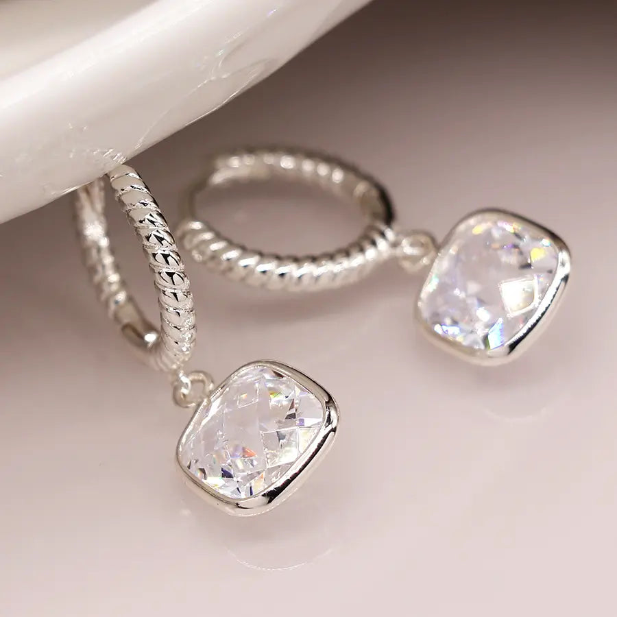 POM Silver Plated Twist Hoop and Crystal Drop Earrings