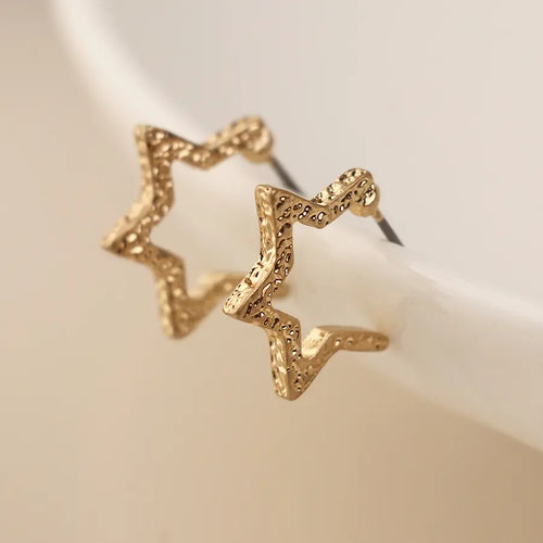 POM Golden Textured Star Hoop Earrings