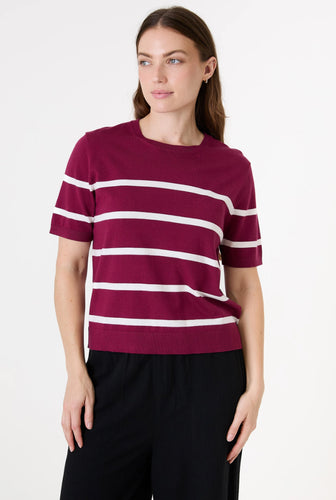 Dreams Short Sleeve Striped Knitted Jumper - Berry