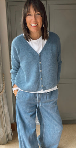 Mohair Blend Button Through Cardigan - Denim Blue