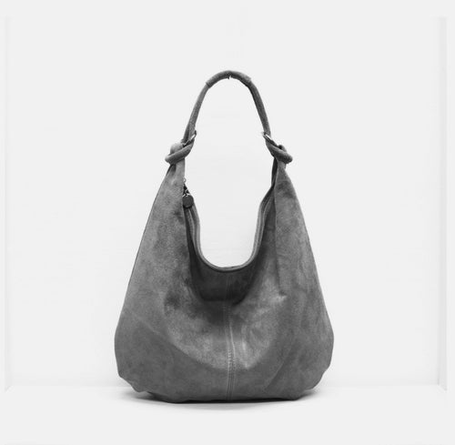 Dark Grey Suede Leather Slouchy Bag