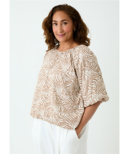 Dreams Zebra Print Puff Sleeve Top - Stone