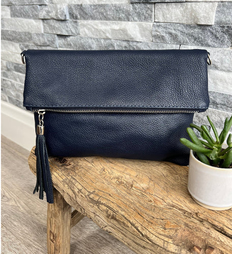 Leather Fold Over Clutch Bag - Navy