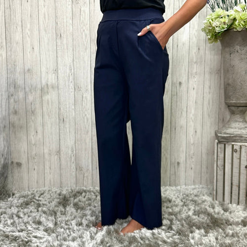 Navy Wide Leg Stretch Trousers