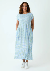 Dreams Mottled Mini Floral Short Sleeve Shirring Dress - Powder Blue