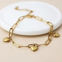 Load image into Gallery viewer, POM Waterproof Gold Plated Paperlink Chain Heart Charms Bracelet