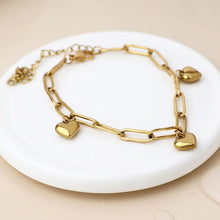 Load image into Gallery viewer, POM Waterproof Gold Plated Paperlink Chain Heart Charms Bracelet