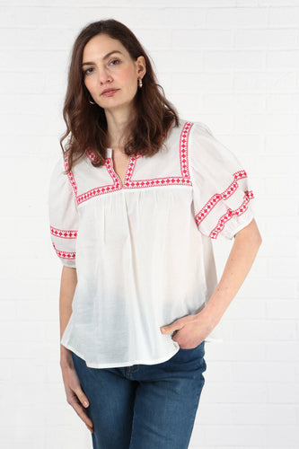 Short Sleeve Cotton Top with Red Embroidery.