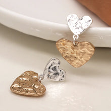 Load image into Gallery viewer, POM Silver Plated &amp; Faux Gold Worn Finish Double Heart Drop Earrings