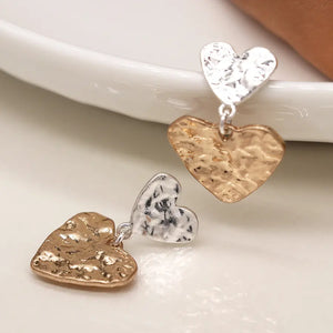 POM Silver Plated & Faux Gold Worn Finish Double Heart Drop Earrings