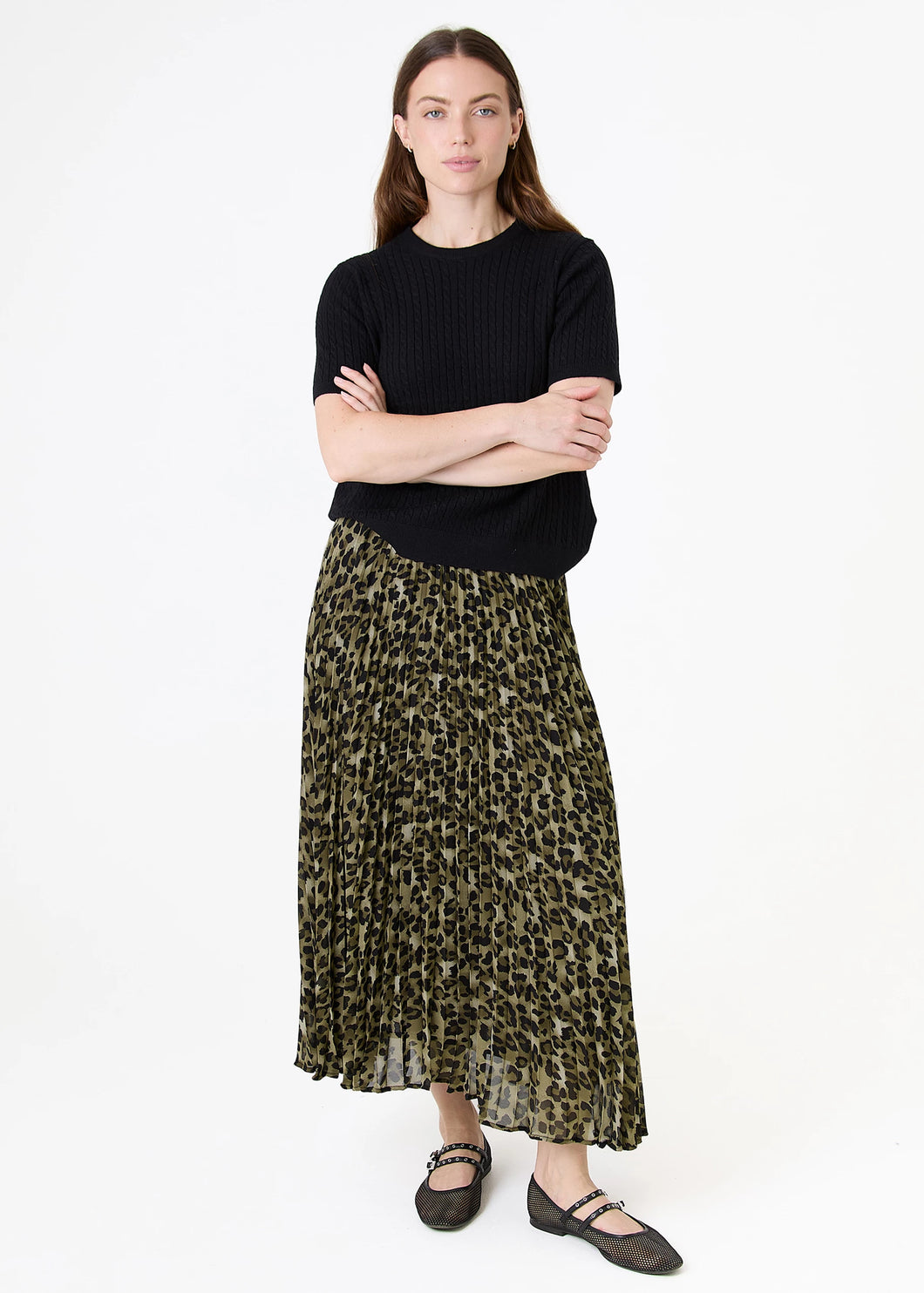 Dreams Leopard Print Chiffon Pleated Skirt - Khaki