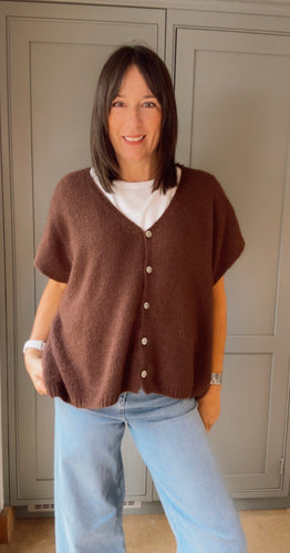 Mohair Blend Sleeveless Cardigan - Chocolate
