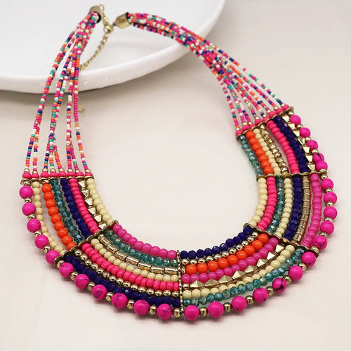 POM Pink, Green & Gold Mix Layered Bead Necklace