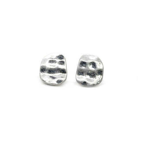 Uneven Shape Hammered Stud Earrings - Silver