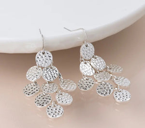 POM Silver Plated Multi Hammered Disc Drop Earrings
