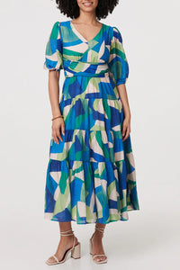 Abstract Puff Sleeve Tiered Maxi Dress - Green/Blues
